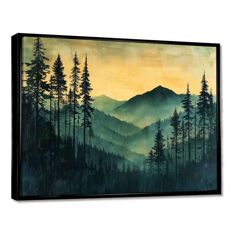 «Gheorghina Calm Mountain Silhouette In Woodlands I», art mural montagnes, H 34 po x l 44 po, Picture Framed Print, Noir