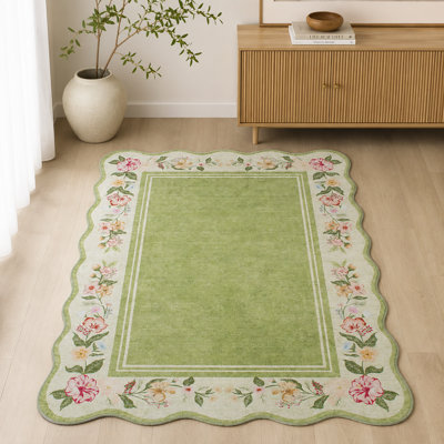 Scalloped Border Floral French Country Sage Green Area Rug