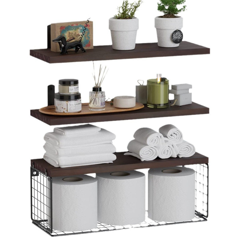Tablettes murales flottantes avec panier en métal, Espresso