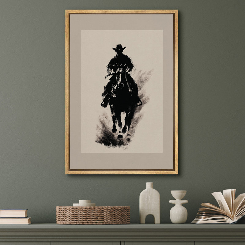 «Cowboy on Horseback», art mural sur toile - décor de silhouette occidentale pour salon ou bureau rustique, H 36 po x l 24 po
