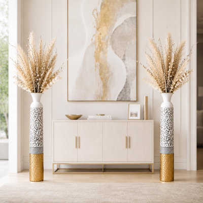 Ensemble de 2 grands vases ronds en métal blanc et argent à finition antique pour décoration intérieure moderne, 14 x 14 x 106,7 cm