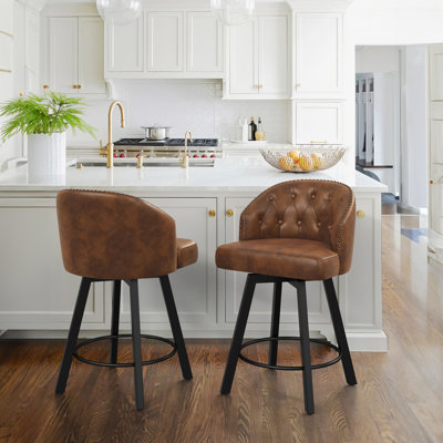 Elyana Counter Height Bar Stools Set Of 2, Swivel Bar Stool With Back, Faux Leather Counter Stool, Metal Legs, Retro Upholstered Barstools For Kitchen by Wildon Home