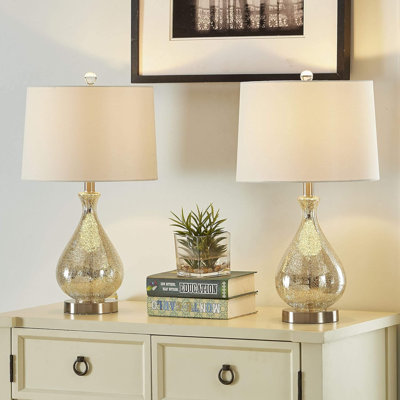 23" Modern Clear Water Glass Table Lamp with White Linen Shade and Polished Nickel Base (Set of 2) for Bedroom, Office, College Dorm, Coffee Table, Bookcase