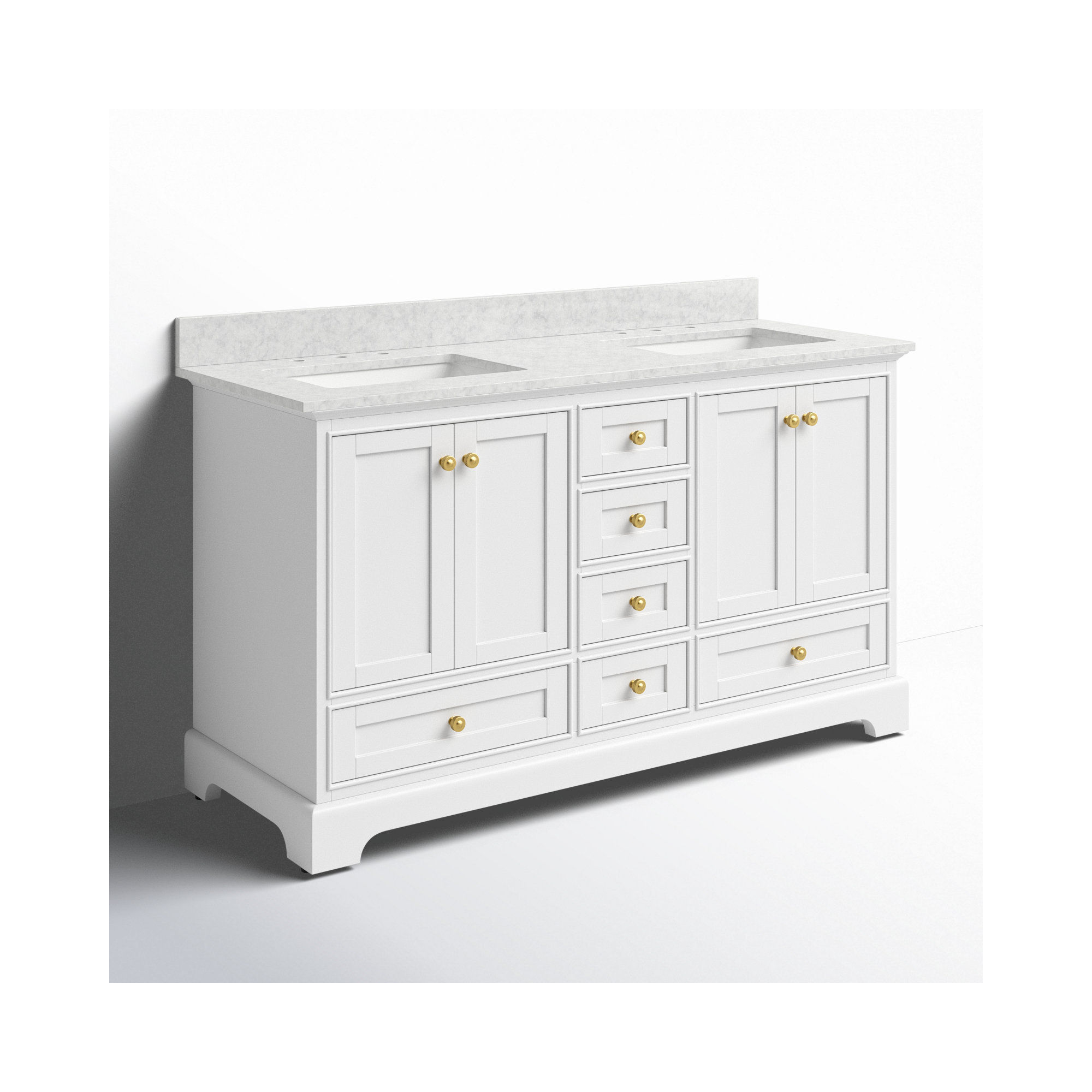 Varna 60'' Double Bathroom Vanity, White/Brushed Gold, Carrara White Marble