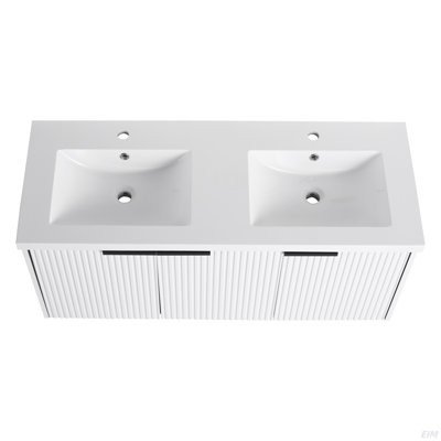 Meuble-lavabo mural 48 po avec lavabo double en résine et 3 portes à fermeture en douceur, emballage KD