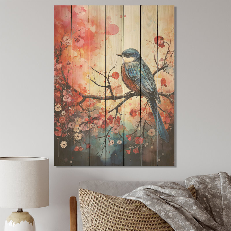 Imprimé floral botanique rose avec oiseau bleu I - oiseau sur bois, H 32 po x l 24 po
