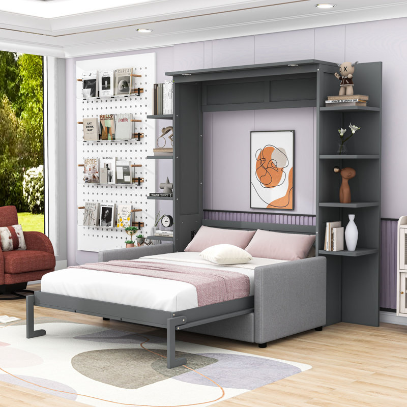 Grand lit escamotable en bois avec canapé, gris