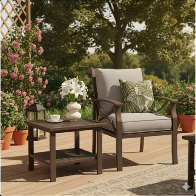 Table d'appoint d'extérieur 19 po carrée en métal brun, table de bout pour terrasse toutes saisons à 2 niveaux