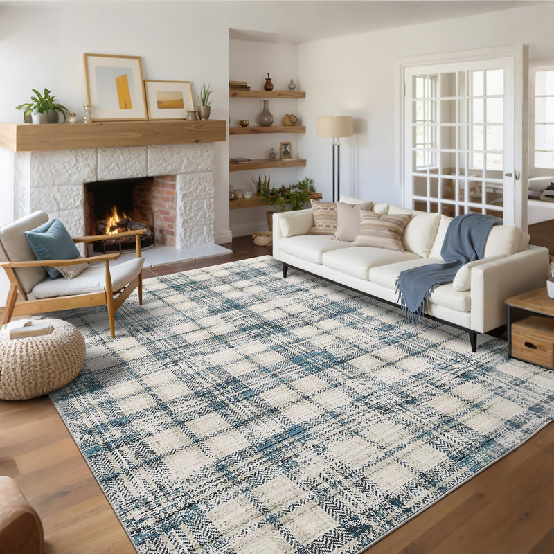 Plaid Machine Printed Area Rug, Blue, Rectangle 120 x 170 cm