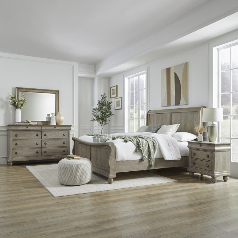 Ensemble de chambre avec lit-bateau, commode et miroir Lenny, Brun clair, Queen