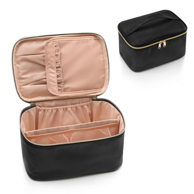 Makeup Bag, Portable Cosmetic Bag, Large Capacity Travel Makeup Case Organizer, Black For Women Toiletry Bag For Girls Travelling With Handle And Divider