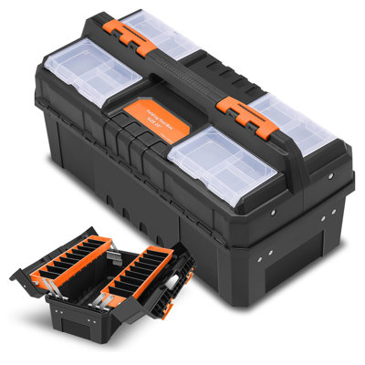 20" Plastic Tool Box, 2-Layer 3-Tray Portable Folding Cantilever Toolbox Tool Chest Organizer with Handle