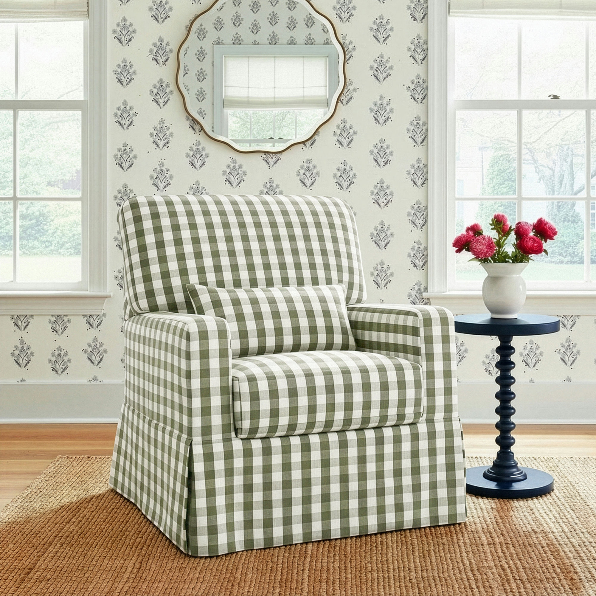 Crawford Upholstered Swivel Glider, Green Gingham