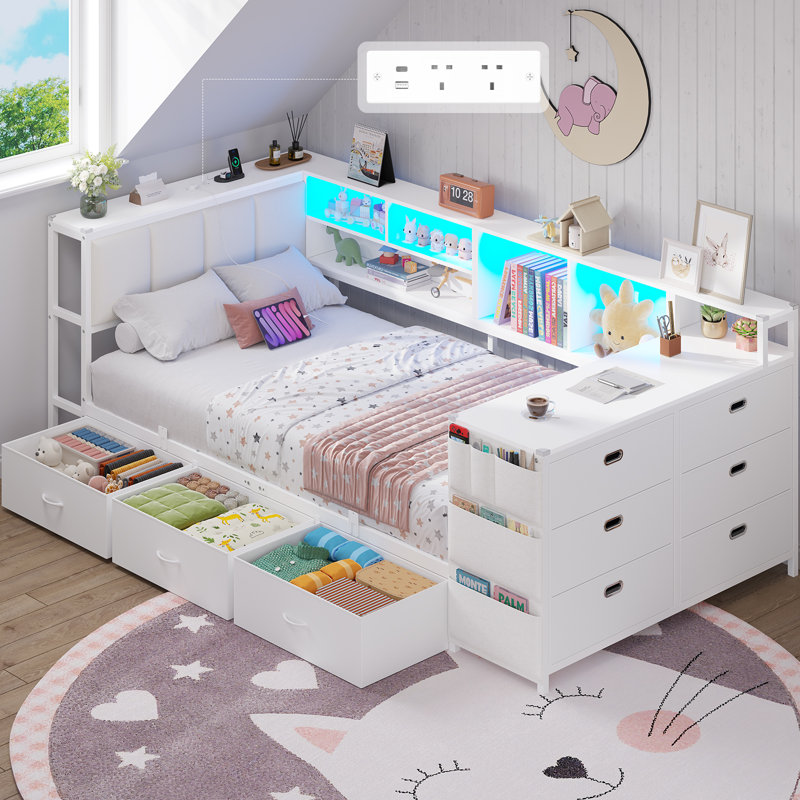Single Bed Frame with Storage, 9 Drawers, LED Lights and Charging Station, Single Beds with Study Desk & Upholstered Headboard, Reversible Corner Bed Frame, 2 AC Sockets, 2 USB Ports