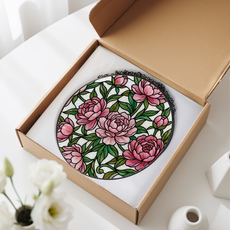 7.8"H Pink Peonies Stained Glass Window Panel, 7.8" H x 7.8" W