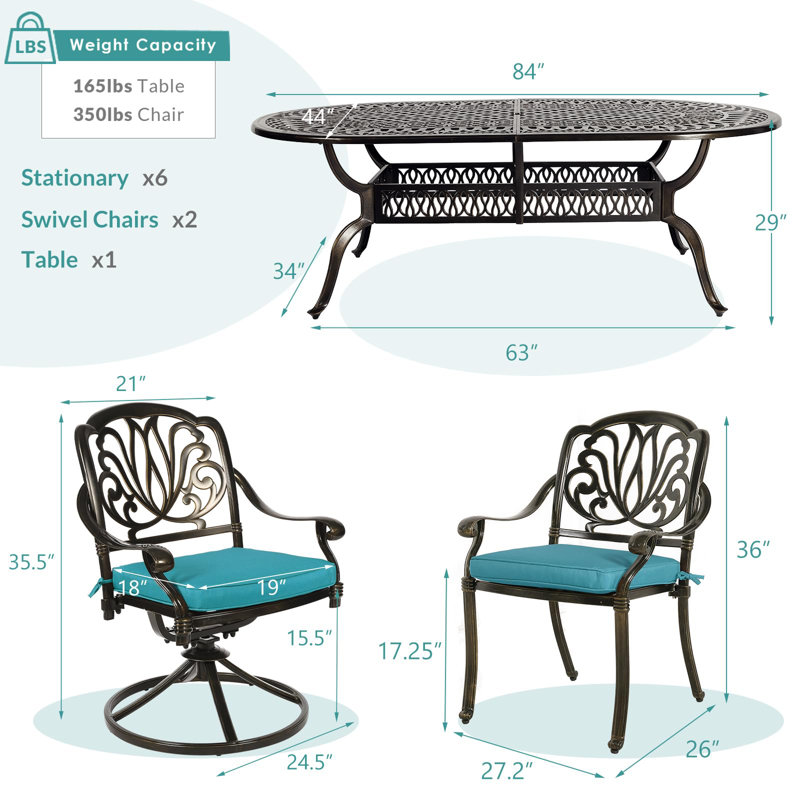 8 - Person Patio Dining Set with Oval Table , Cushions Included, Blue