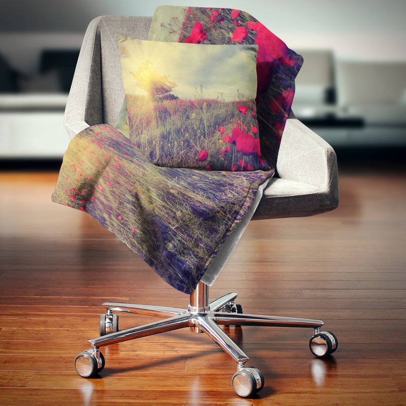 Photo rétro de coquelicots au coucher du soleil - coussin à imprimé floral, 16 po x 1 po, Coussin décoratif