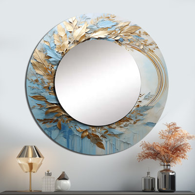 Couronne de fleurs bleues et dorées Sape - grand miroir mural couronne, miroir décoratif rond beige, impression d'art en métal