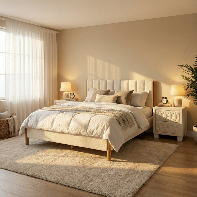 Ensemble de chambre à coucher 3 pièces, cadre de lit avec tête de lit épaisse rembourrée Boucle, pieds en bois massif, tables de chevet en velours, ensemble de 2