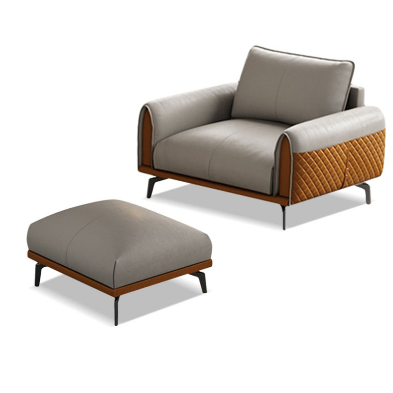Fauteuil avec repose-pieds en cuir véritable kaki orange avec repose-pieds, Kaki / orange