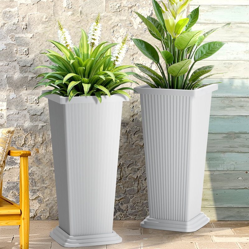 Large Tall Planter with Drainage Holes (Set of 2) for Indoor/Outdoor Use, White