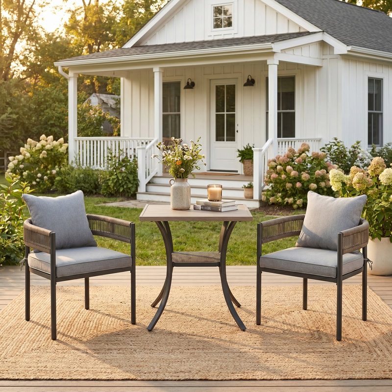 Ensemble bistro pour 2 personnes avec table carrée 27,6 po et 2 chaises en rotin avec coussins et coussins