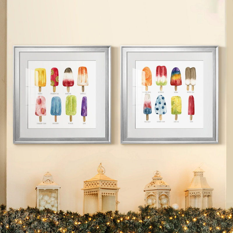 Popsicles Come Chill - ensemble de 2 reproductions, H 17,5 po x l 35 po x P 1,5 po, Papier avec cadre argenté, Blanc