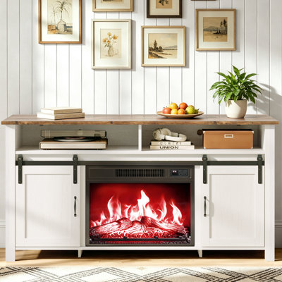 Farmhouse Washed White And Brown 58.9" TV Stand For TVs 43"-65" With Electric Fireplace And 2 Sliding Barn Doors