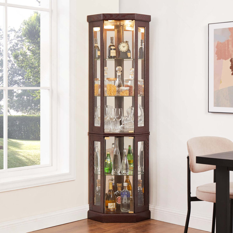 Antique Collection Corner Glass Display Lighted Curio Cabinet For Living Room, Cherry