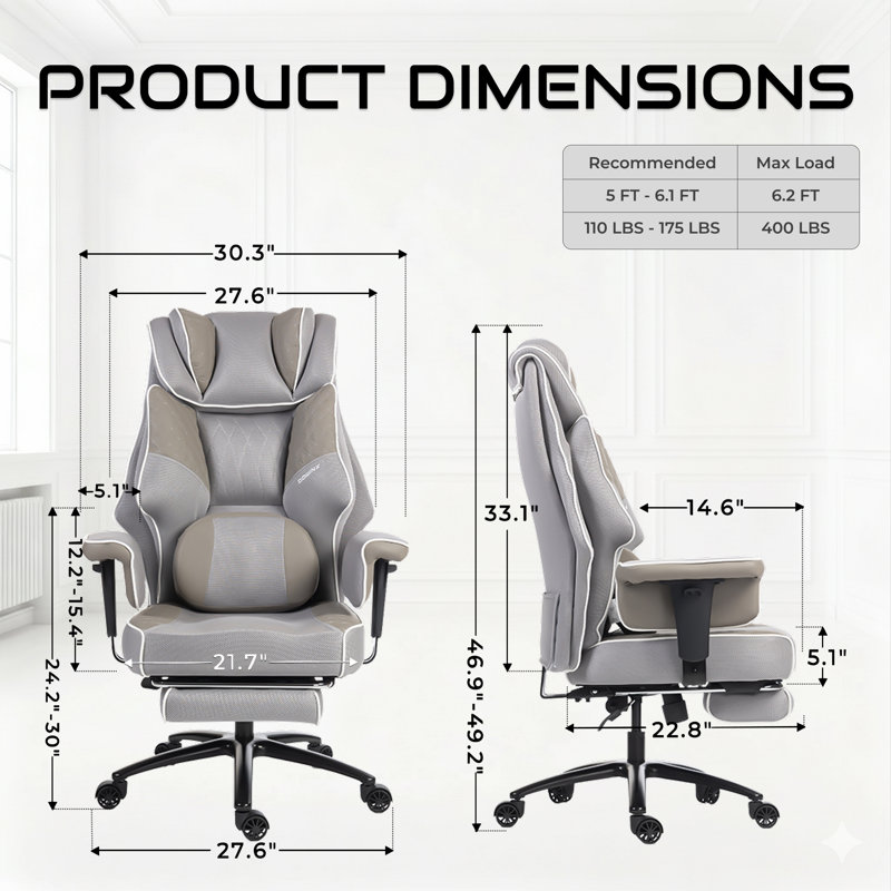 Big and Tall Office Chair with Massage Lumbar Support, Gaming Chair with Adjustable Armrest and Wide Thick Seat Cushion, Executive Chair with Footrest, 400LBS