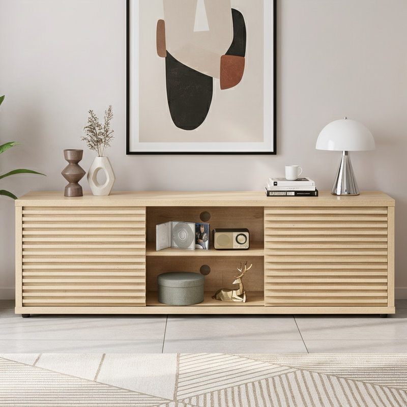 Abba 67.7" W Mid Century Modern TV Stand with Storage and Shelves to fit up to 75" TVs, Oak