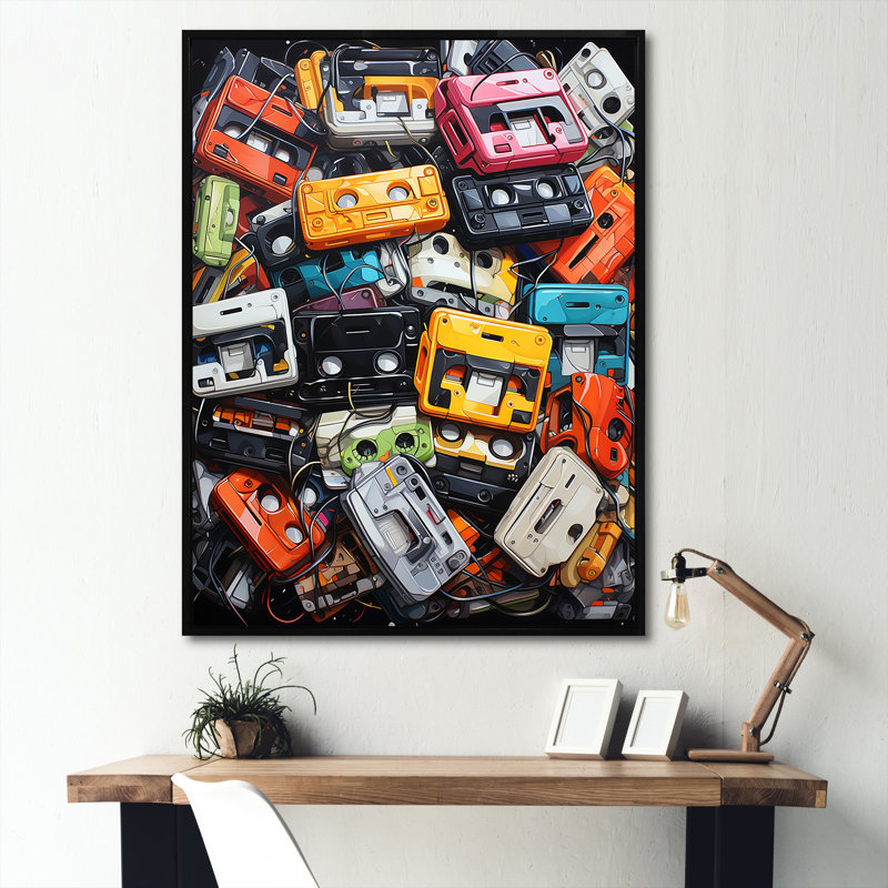 Colourful Colorful Art Melodic Tapes VI - Cassette Tapes Wall Art, Cadre flottant noir, H 44 po x l 34 po x P 1,5 po