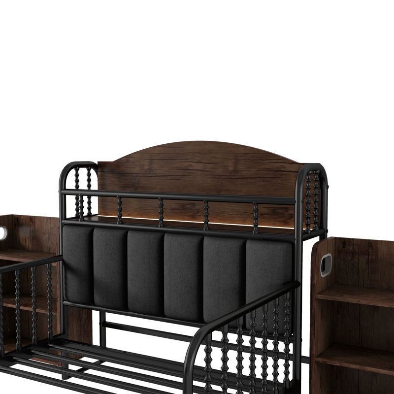 Lit simple avec lumières DEL, 3 tablettes de rangement et garde-corps pleine longueur, tête de lit tapissier en métal noir, conception à profil bas