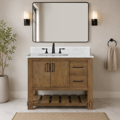 Meuble-lavabo 36 po avec lavabo Farmhouse, bois massif, 2 tiroirs, 2 portes à fermeture douce, tablette de rangement ouverte, comptoir et dosseret en marbre 0,79 po, brun foncé