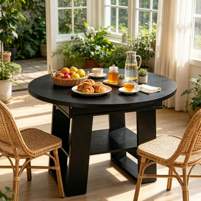 Table de salle à manger extensible noire pour 4 à 6 personnes, table de cuisine ronde à ovale avec rallonge rabattable intégrée, base stable en H et tablette de rangement