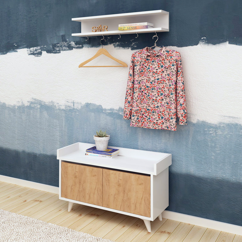 Modern Hall Stand with Wall Hooks, Oak & White Finish, 35.4 x 23.6 x 13.8 inches | 100% Melamine Coated Particle Board, Multiple Shelves & Wall-Mountable Design | Scandinavian Style, Perfect for Entryway Storage