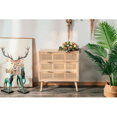 Chariel 3-Drawer Wooden and Natural Rattan Dresser