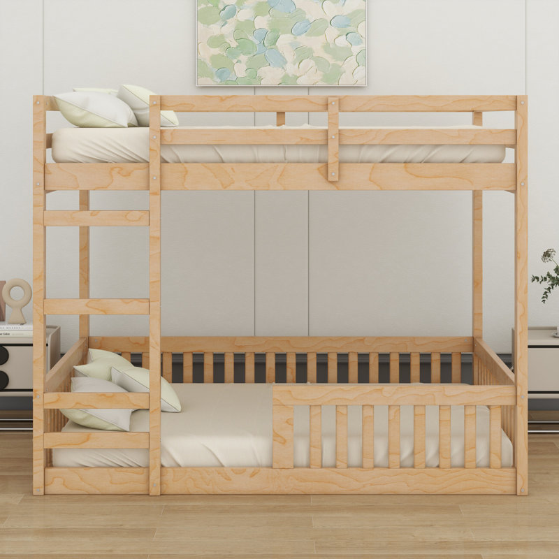 Lit superposé en bois avec échelle et garde-corps, Naturel