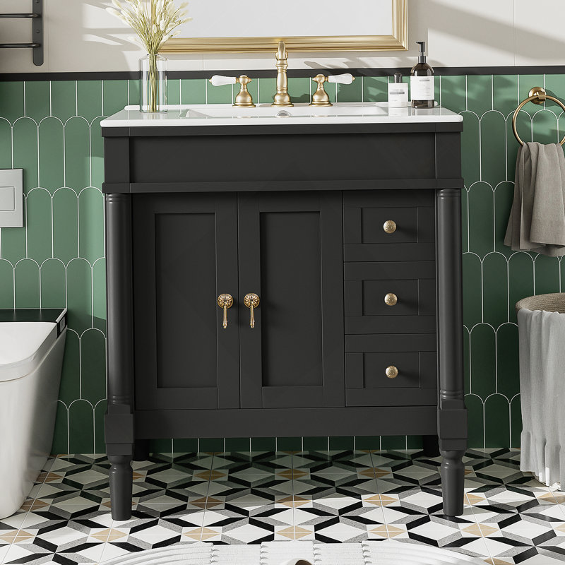 Meuble-lavabo moderne de 30 pouces, structure en bois massif et panneau de fibres à densité moyenne, 2 portes et 3 tiroirs, conception à fermeture en douceur, tablette ajustable en forme de U, lavabo en céramique, ensemble d'armoires de rangement pour salle de bain, conception moderne et élégante
