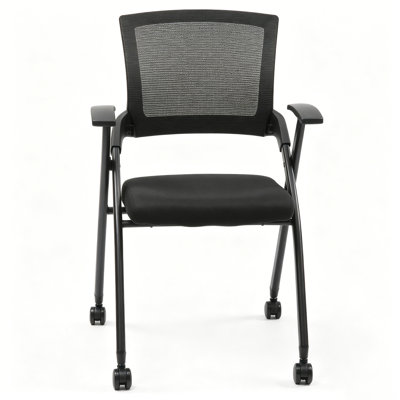 Ergonomic Folding Stackable Reception Chair with Swivel Casters, Padded Office Guest Seat with Breathable Mesh Back, Triangular Frame for Conference, Training, Waiting Room, Black