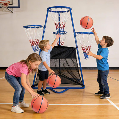 Ensemble de jeu Kids Basketball Hoop, cadre en plastique avec 4 paniers, comprenant 4 mini-ballons de basketball et pompe à air, jeu de sport intérieur et extérieur pour tout-petits de 3 ans et plus
