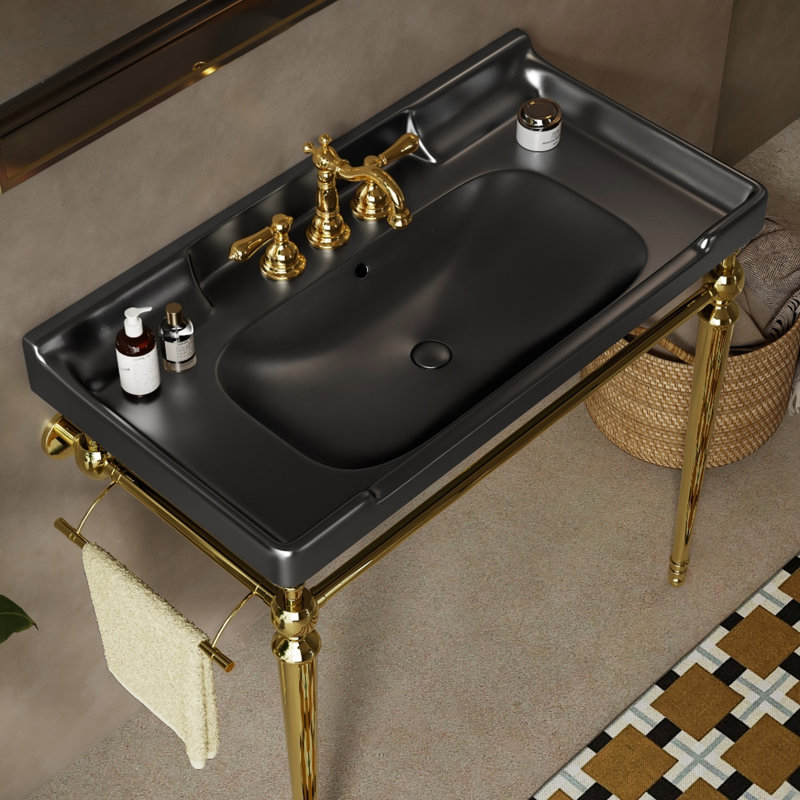 Vanity Basin For Bathroom, 36" Black Ceramic With 3 Faucet Holes, Stainless Steel Legs Towel Holder, And Charming Bathroom Sink, Hanger, Fashionable Sturdiness