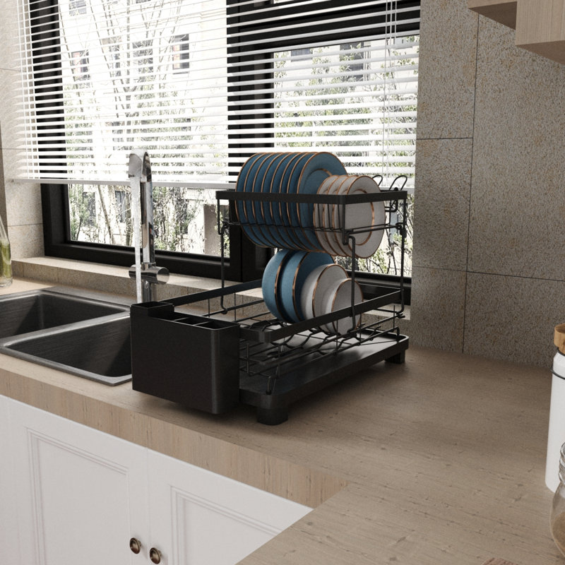 2-Tiered Large Capacity Sinkside Metal Dish Drying Rack With Removable Draining Board, Cutlery Holder And Cup Drying Rack