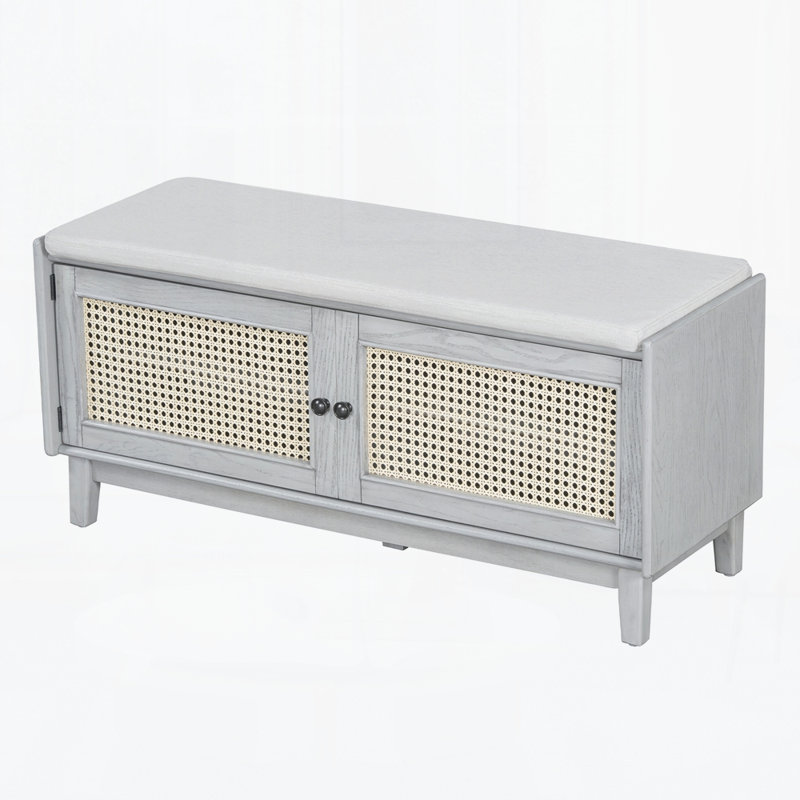Banc d'entrée en rotin avec rangement Boho, Gris délavé / beige