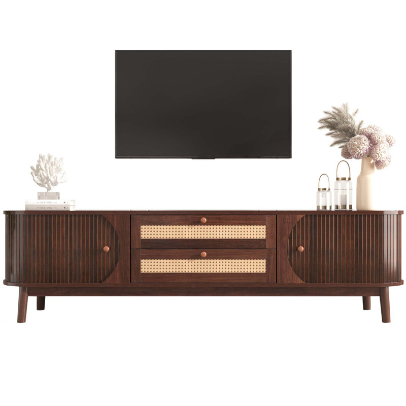 Rattan TV Stand for TVs up to 75'', Modern Farmhouse Media Console, Entertainment Center with Solid Wood Legs