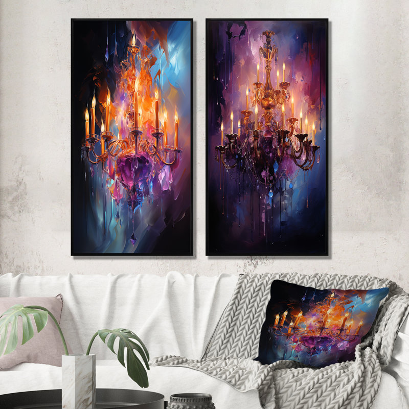 «Chandelier Dancing Light», 2 pièces sur toile, Cadre noir, H 20 po x l 24 po