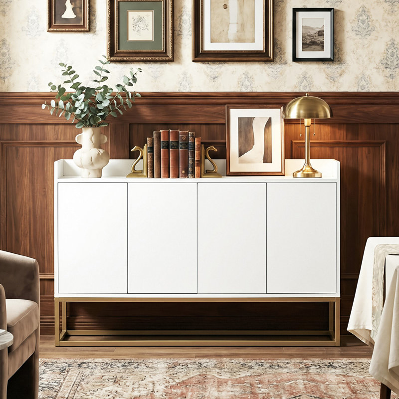 120CM Modern 4-Door Sideboard With Gold Metal Legs, Handle-Free Push-To-Open Buffet Cabinet With Raised Top Edge, White