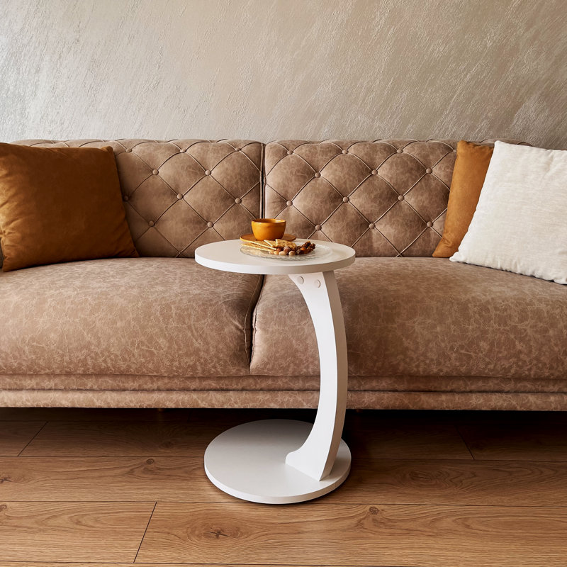 Corrick C-Shaped Round Side Table with Rolling Wheels, White