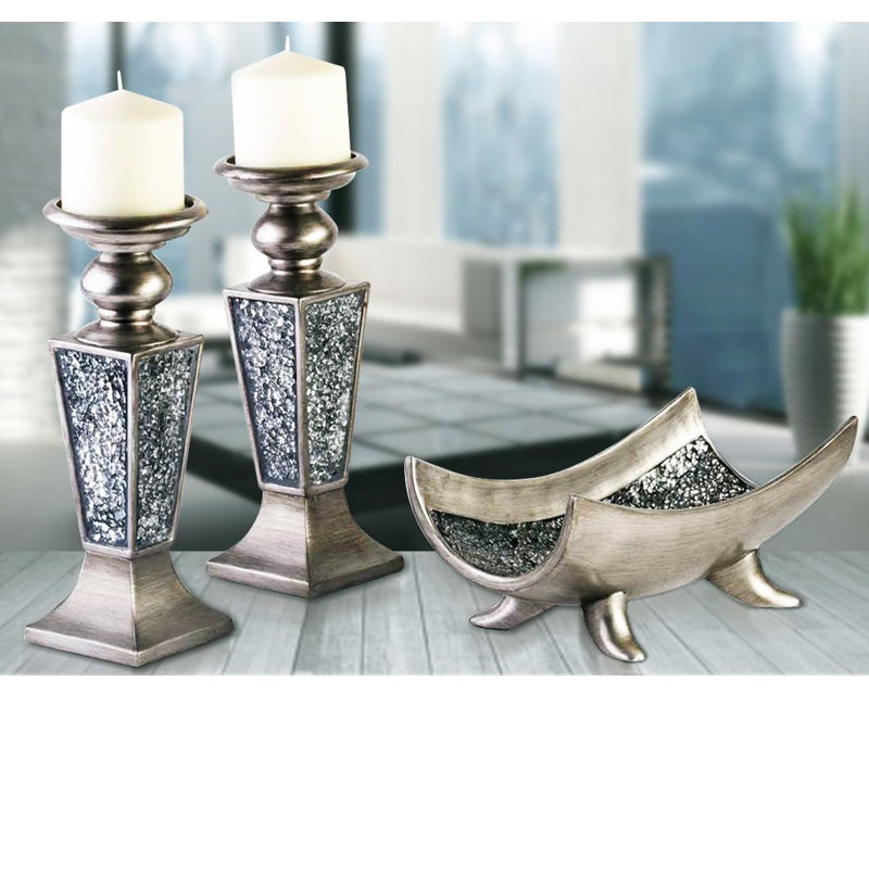 Silver Crackled Mosaic Polyresin Candlestick Set