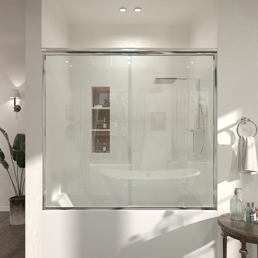 60 In. W X 56 In. H Sliding Semi Frameless Tub Door With Clear Glass Taimei Frame